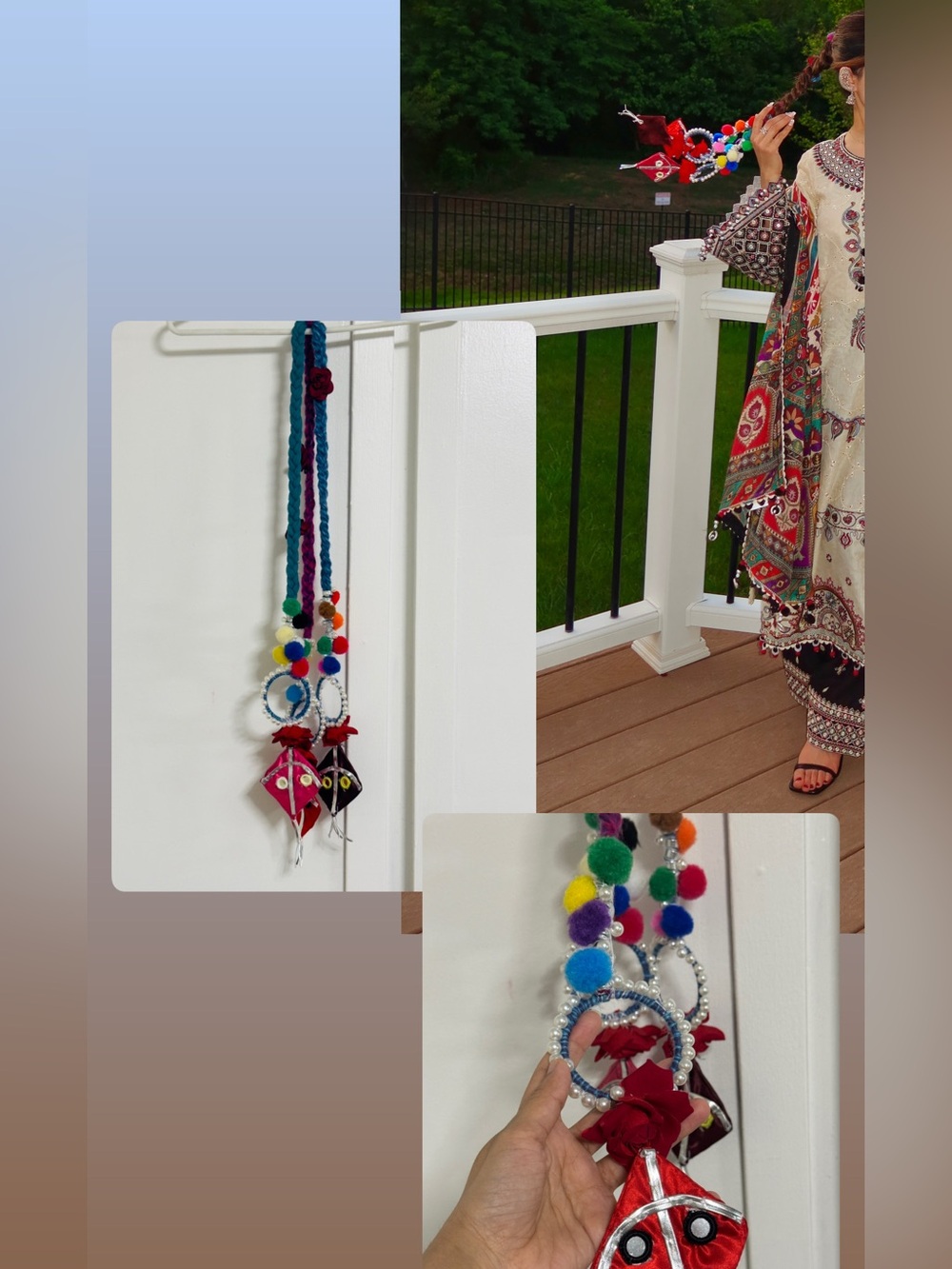 Handmade Punjabi Paranda Multicolor Pom Pom Pearl Tassel Hair Accessory